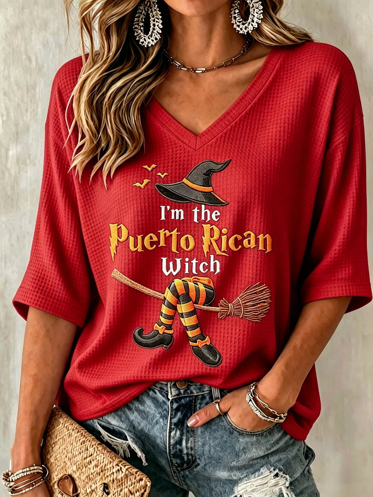 🎃Women's Halloween In Puerto Rico Print Waffle-Knit Top