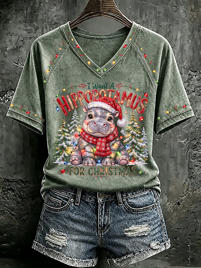 V Neck Retro I Want A Hippopotamus For Christmas Print T-Shirt