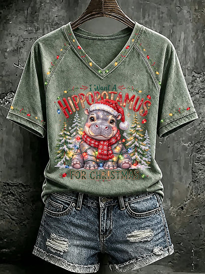 V Neck Retro I Want A Hippopotamus For Christmas Print T-Shirt