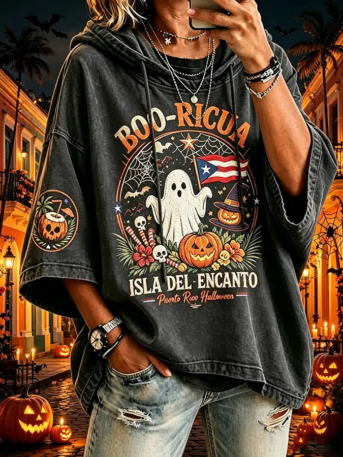 Women's Puerto Rico Halloween Print Graphic Waffle-Knit Casual T-Shirt