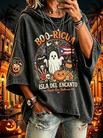 Women's Puerto Rico Halloween Print Graphic Waffle-Knit Casual T-Shirt