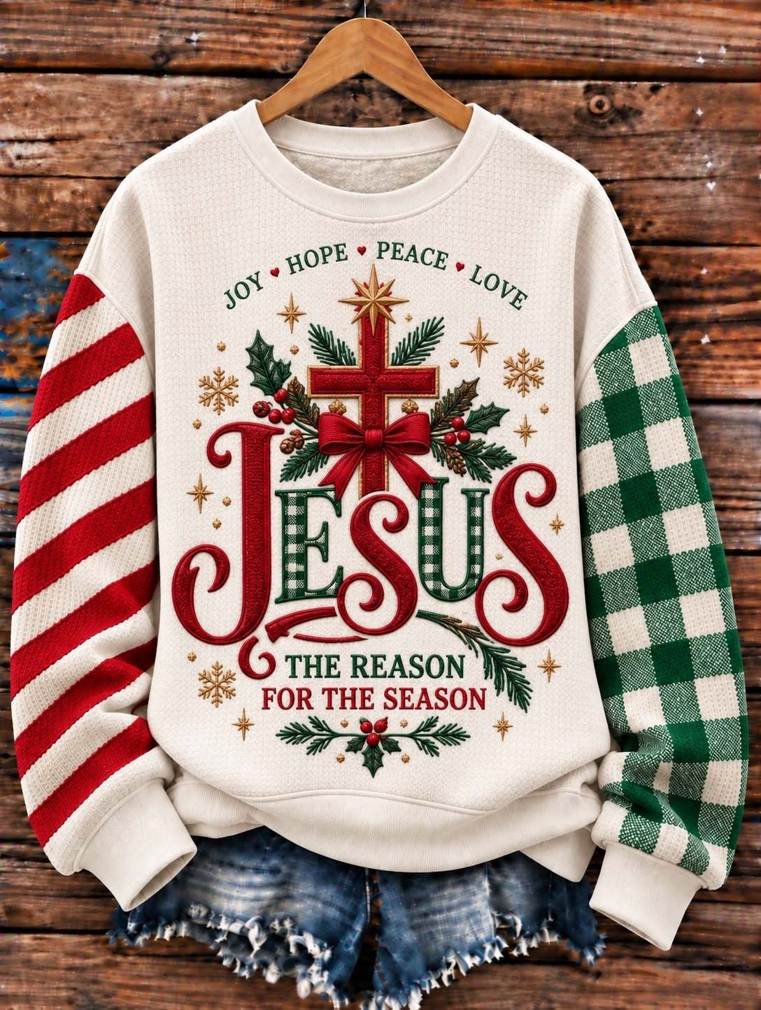 "Jesus Is The Reason For The Season" Cross & Mismatched Sleeves Sweatshirt