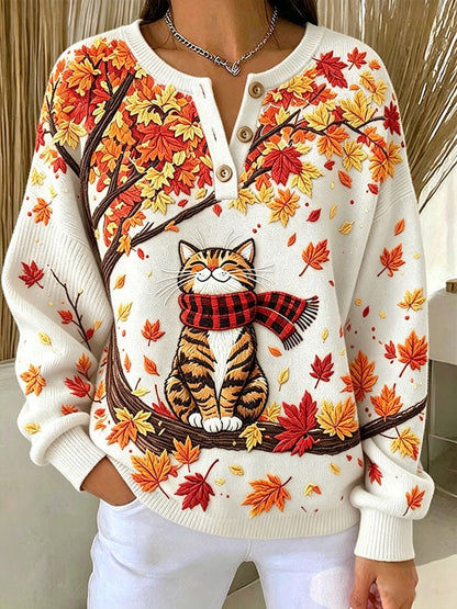 Women's Casual Print Button-Up Collar Knit Top
