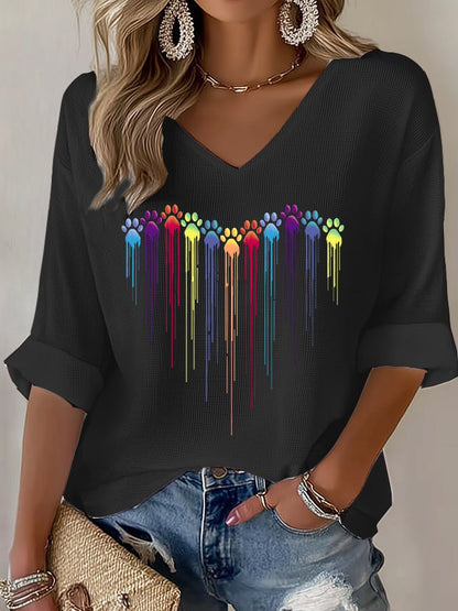 Women's Colorful Dog Heart Paw Print Casual Waffle T-Shirt