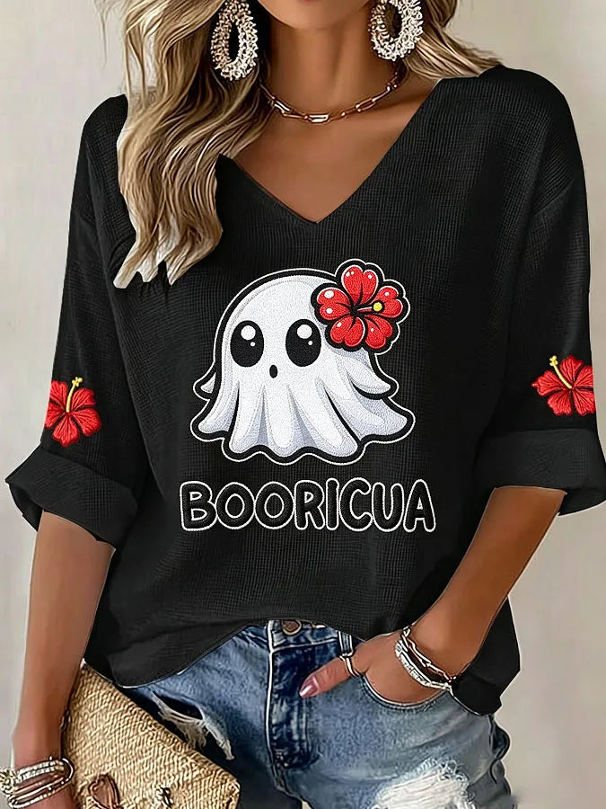 🎃Women's Puerto Rico Halloween Print Graphic Waffle-Knit Casual T-Shirt