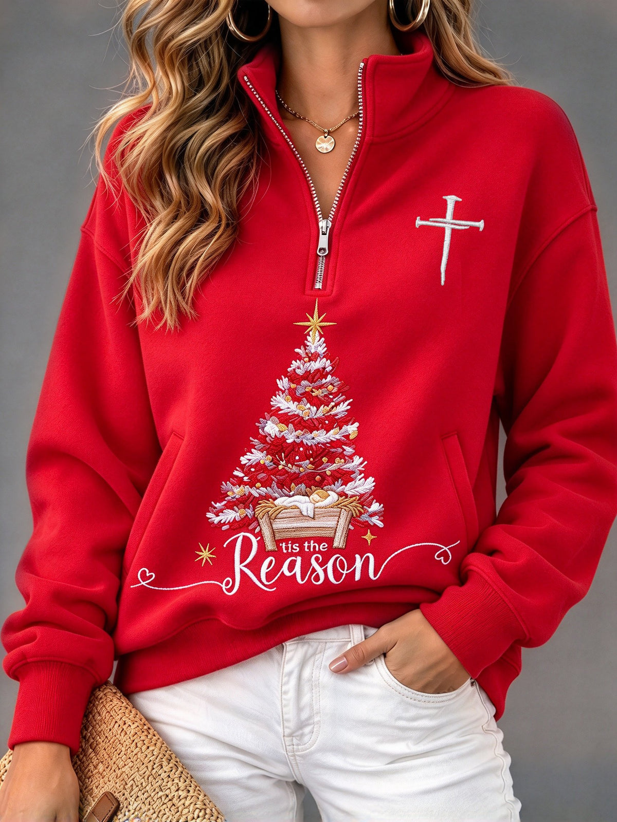 Women's Christmas/Jesus-themed Printed Winter Zip-Up Sweatshirt