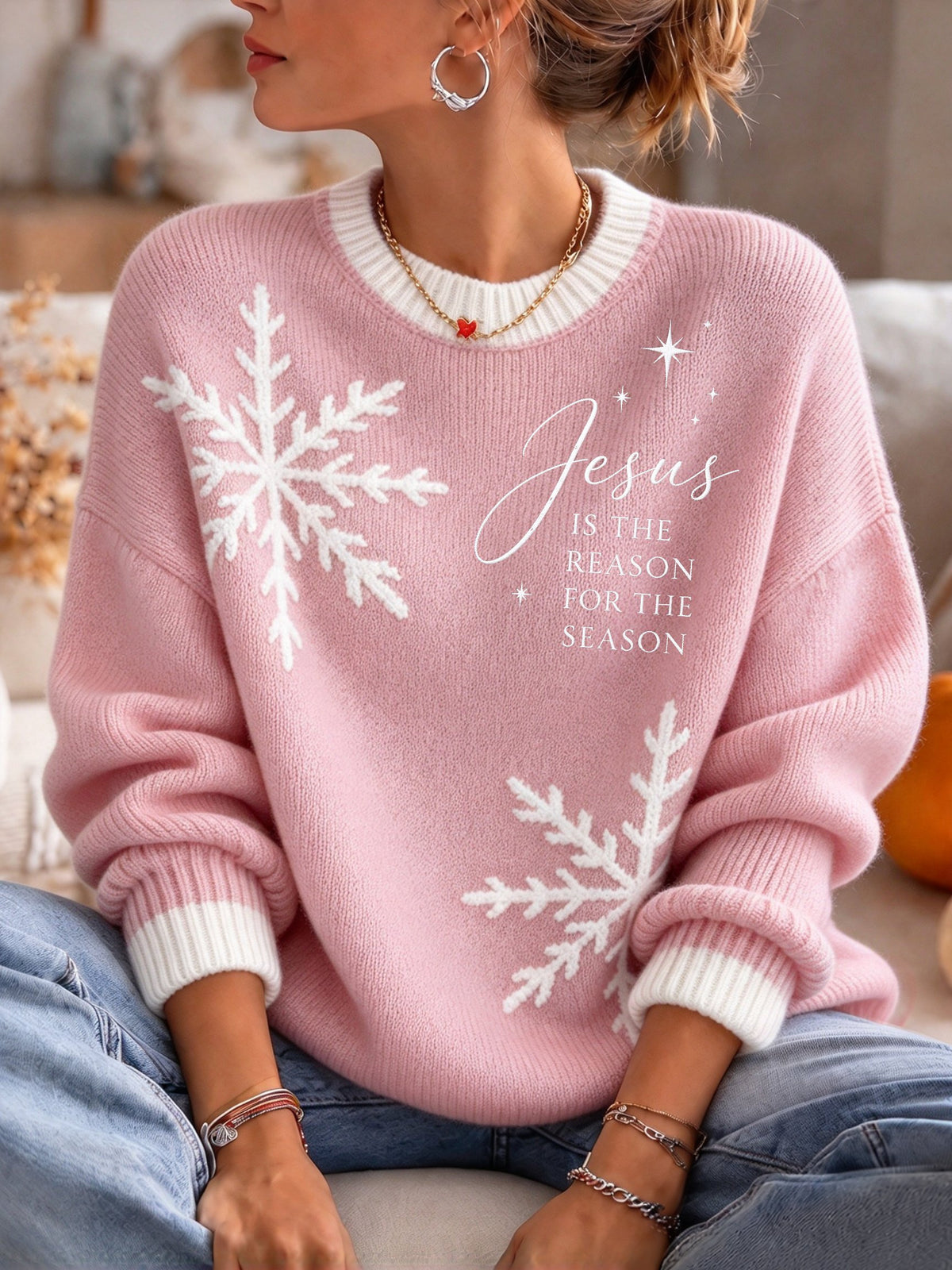 Women's Plush Knit Sweater – Festive Jesus-Themed Design