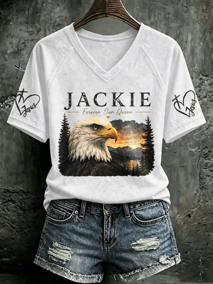 V Neck Retro Jackie Forever Our Queen Print T-Shirt