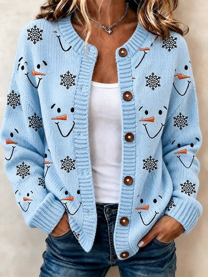 Women's Casual Snowman-Print Knit Cardigan