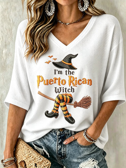 🎃Women's Halloween In Puerto Rico Print Waffle-Knit Top