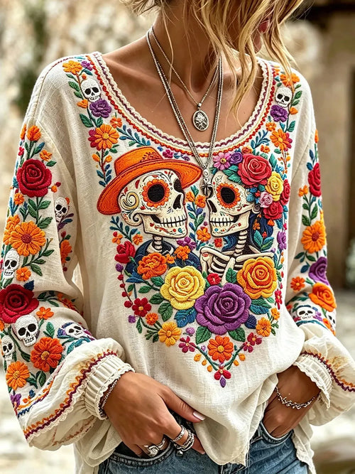 Women's Day of the Dead Folk Art Dual Sugar Skulls and Flowers Print Lantern Sleeve Top