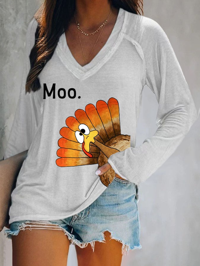 Women'S Thanksgiving Turkey Moo Printed T-Shirt