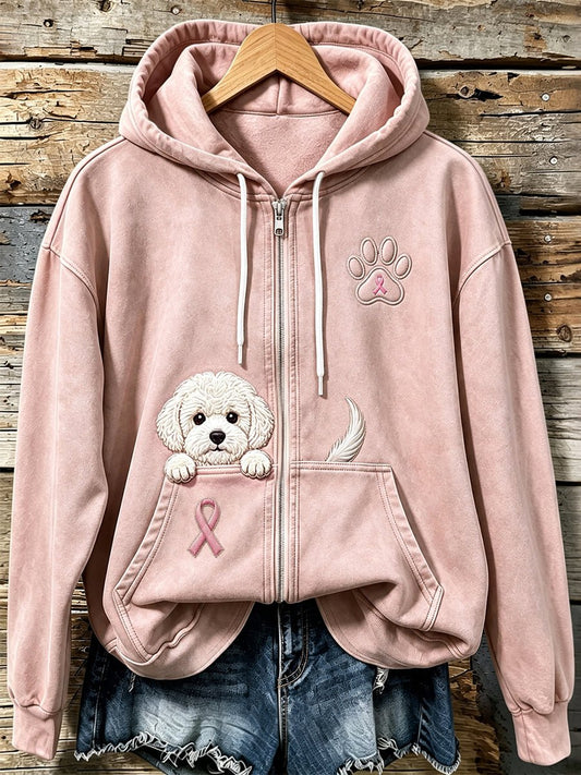 Women's Pink Ribbon Cute Dog Pumpkin Face Print Casual Sweatshirt