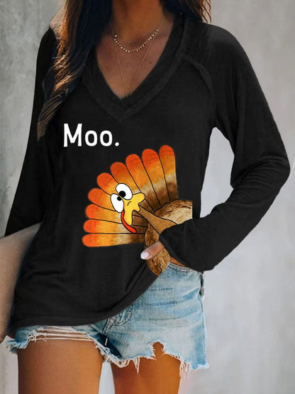Women'S Thanksgiving Turkey Moo Printed T-Shirt