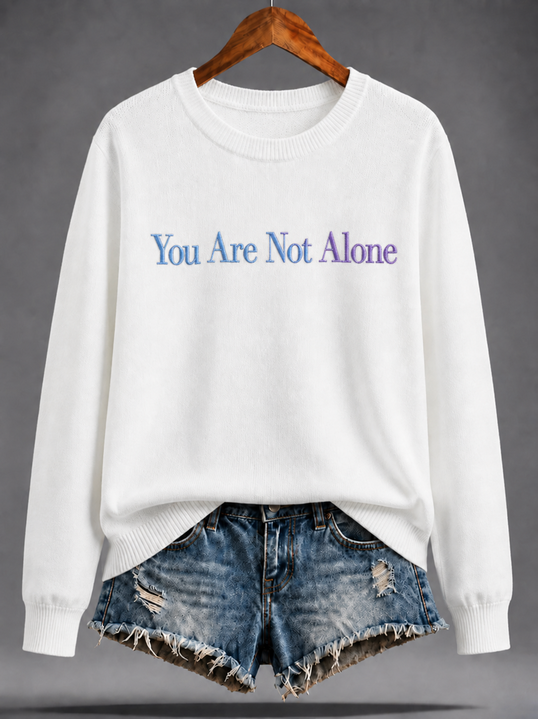 Women's Soft 100% Cotton Knit Sweater With Embroidered "You Are Not Alone" Motto – Cozy Oversized Long Sleeve Pullover