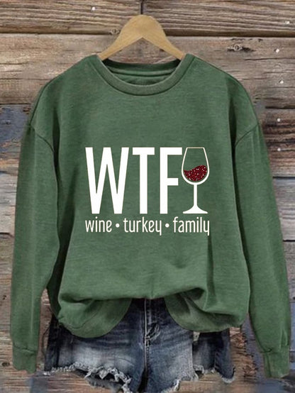 Women's WTF Wine Turkey Family Round Neck Casual Sweatshirt