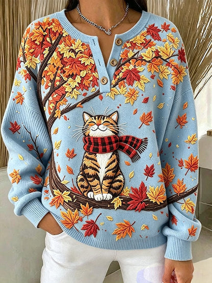 Women's Casual Print Button-Up Collar Knit Top