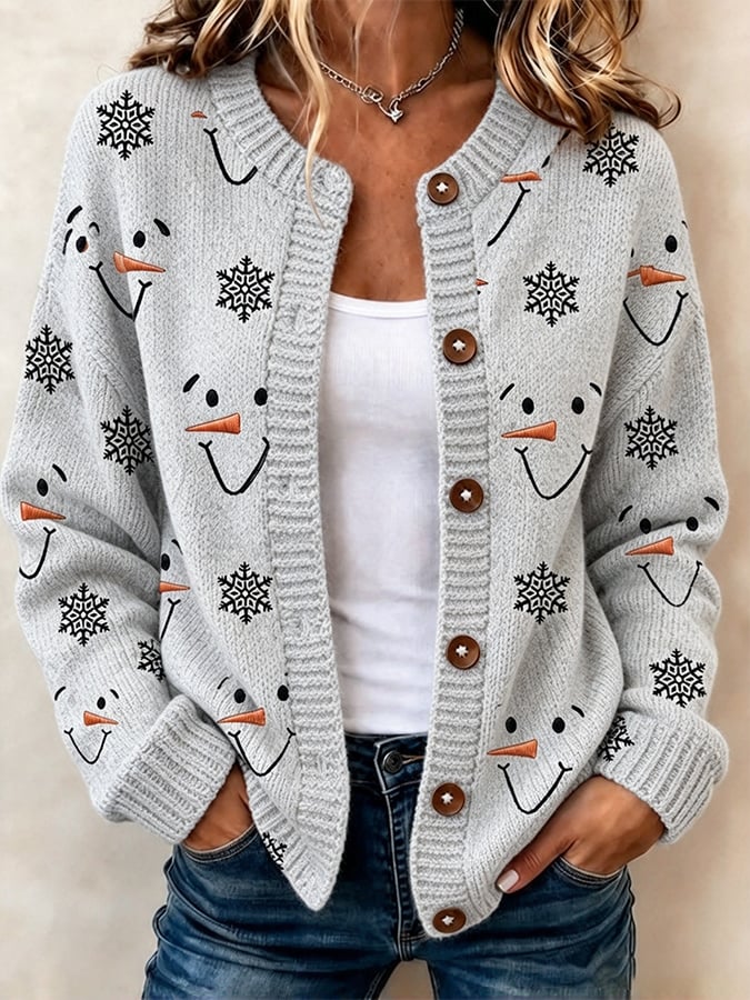 Women's Casual Snowman-Print Knit Cardigan