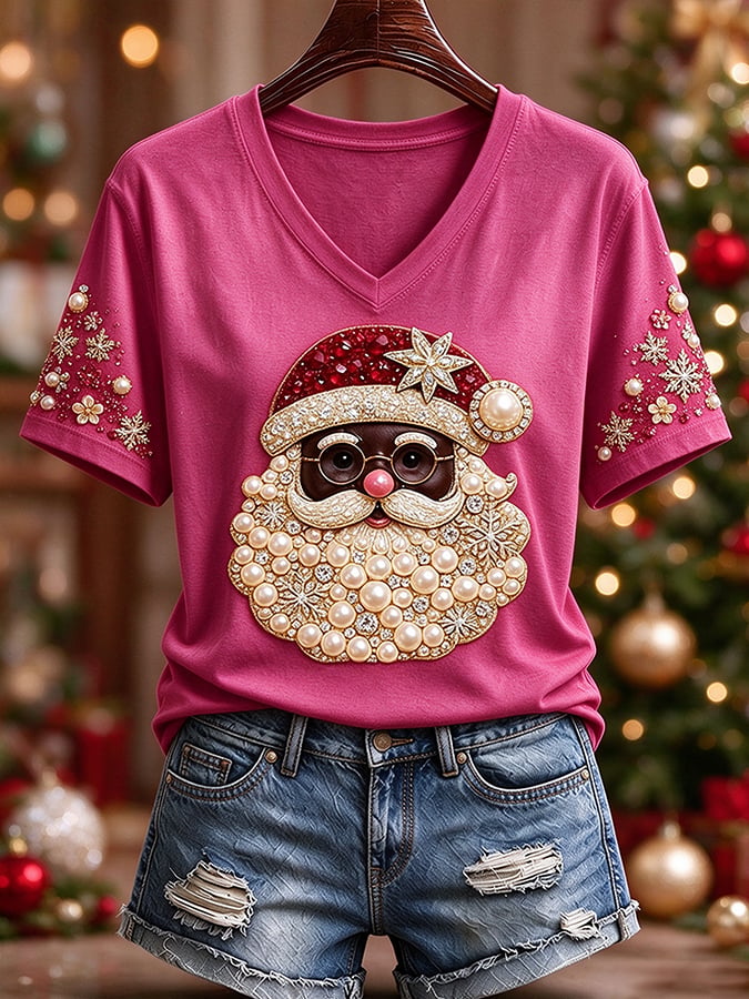 Black Women'S Christmas-Themed Printed Casual T-Shirt