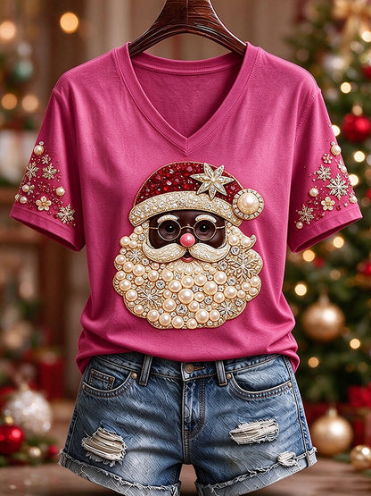 Black Women'S Christmas-Themed Printed Casual T-Shirt