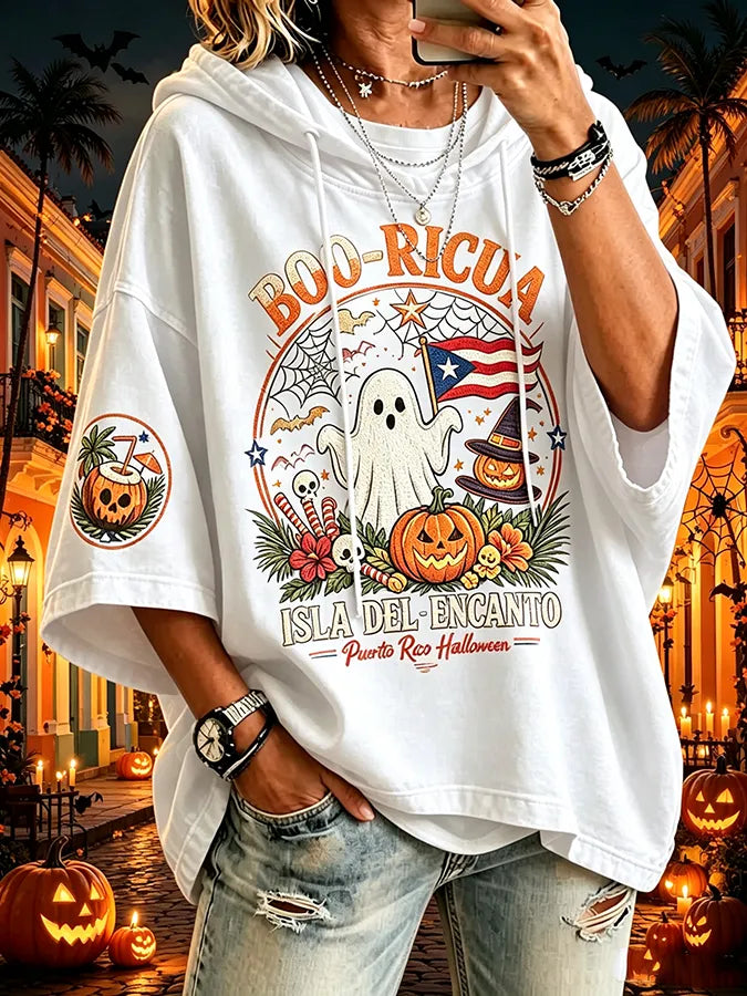 Women's Puerto Rico Halloween Print Graphic Waffle-Knit Casual T-Shirt