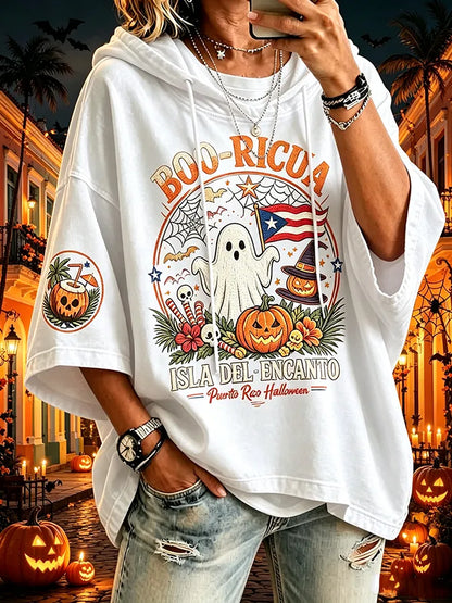 Women's Puerto Rico Halloween Print Graphic Waffle-Knit Casual T-Shirt
