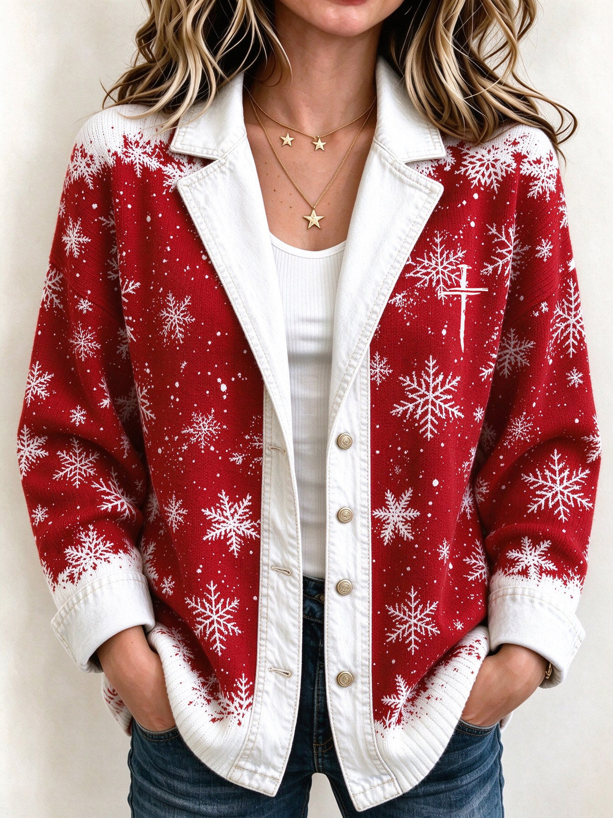 Women's Casual Cardigan with Faux-Denim Print – Christmas Style