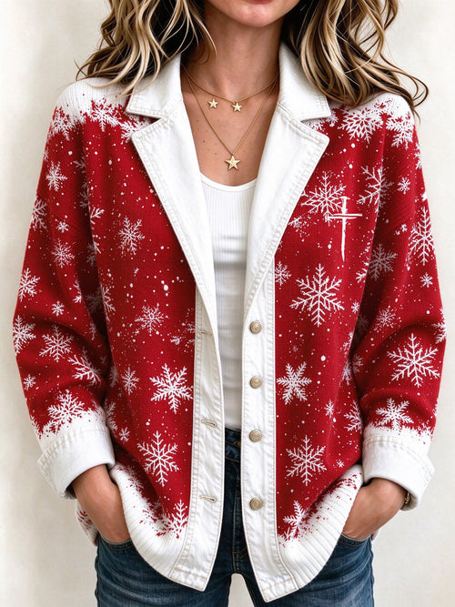 Women's Casual Cardigan with Faux-Denim Print – Christmas Style