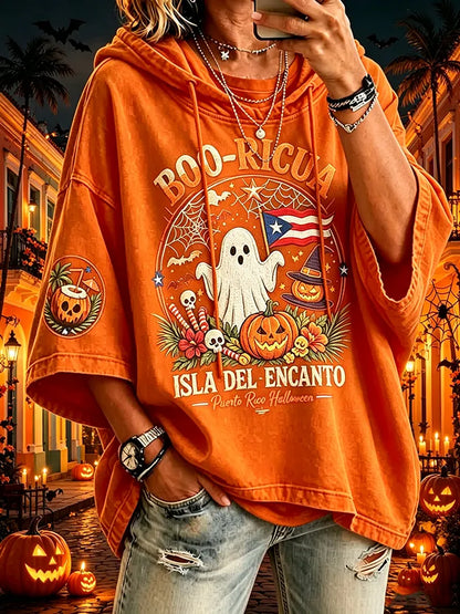 Women's Puerto Rico Halloween Print Graphic Waffle-Knit Casual T-Shirt