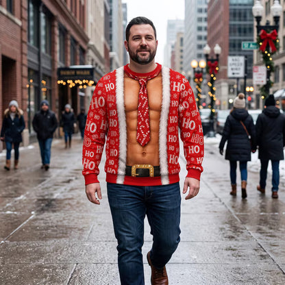 Funny Ho Ho Ho Fake Abs Santa Print Sweatshirt – Hilarious Xmas Gag Jumper