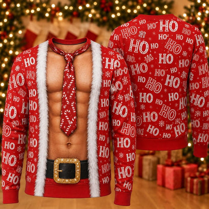Funny Ho Ho Ho Fake Abs Santa Print Sweatshirt – Hilarious Xmas Gag Jumper