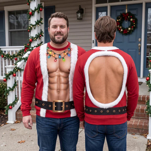Funny Double Sided Fake Abs Santa Print Sweatshirt – Hilarious Christmas Party Sweater