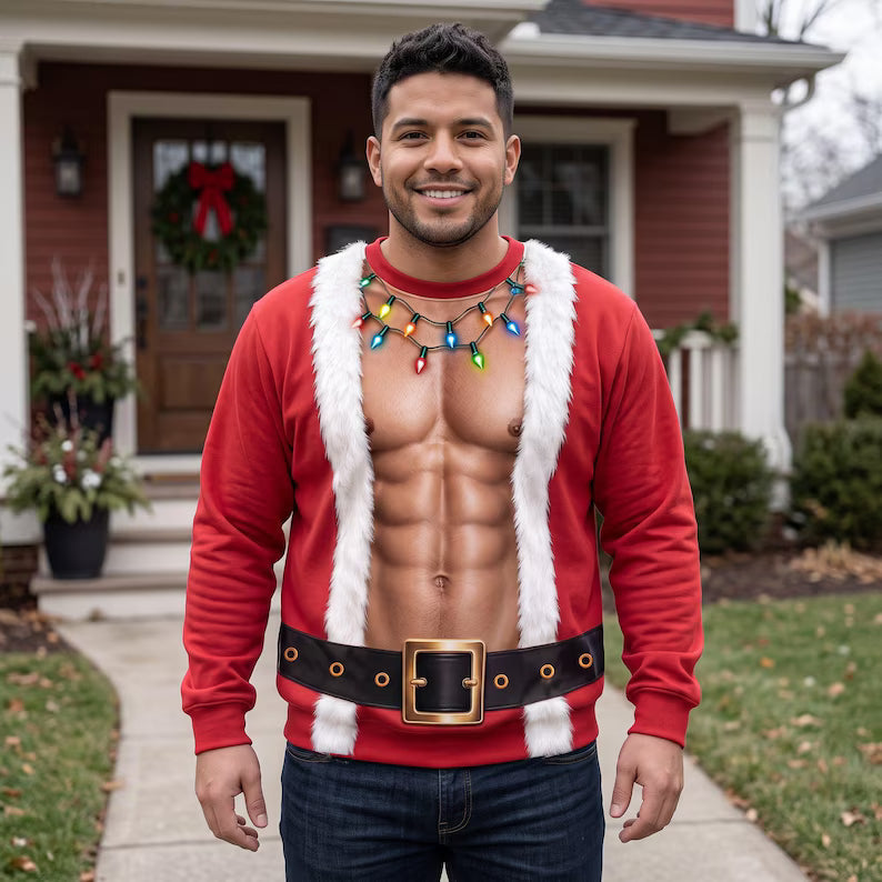 Funny Double Sided Fake Abs Santa Print Sweatshirt – Hilarious Christmas Party Sweater