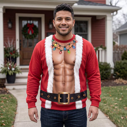 Funny Double Sided Fake Abs Santa Print Sweatshirt – Hilarious Christmas Party Sweater