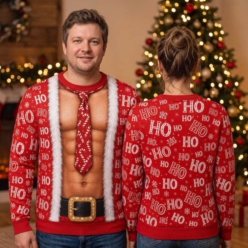 Funny Ho Ho Ho Fake Abs Santa Print Sweatshirt – Hilarious Xmas Gag Jumper