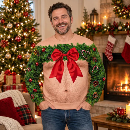 Funny Wreath Bow Fake Hairy Torso Print Sweatshirt – Men’s Ugly Christmas Party Jumper