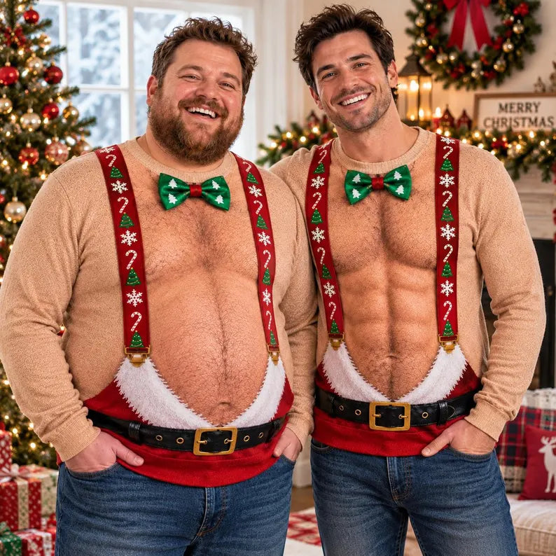 Funny Santa Abs Christmas Sweatshirt – 3D Hairy Chest Design