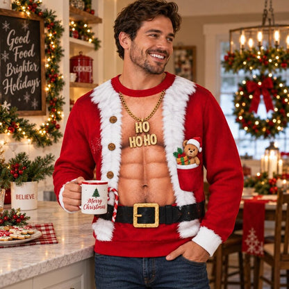 Funny Ho Ho Ho Fake Abs Santa Print Sweatshirt – Fun Christmas Gag Gift Jumper