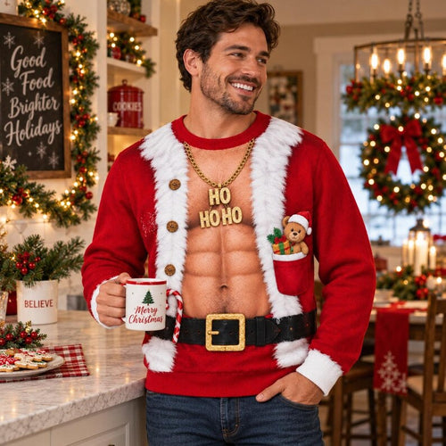 Funny Ho Ho Ho Fake Abs Santa Print Sweatshirt – Fun Christmas Gag Gift Jumper