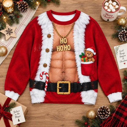 Funny Ho Ho Ho Fake Abs Santa Print Sweatshirt – Fun Christmas Gag Gift Jumper