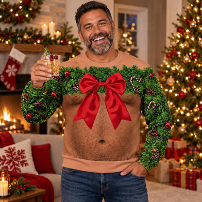 Funny Wreath Bow Fake Hairy Torso Print Sweatshirt – Men’s Ugly Christmas Party Jumper