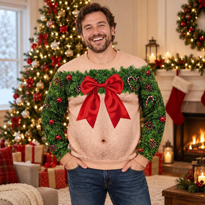 Funny Wreath Bow Fake Hairy Torso Print Sweatshirt – Men’s Ugly Christmas Party Jumper