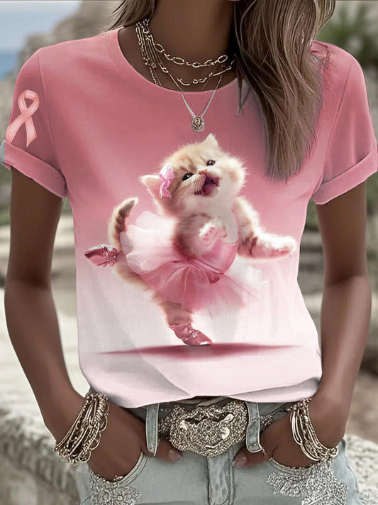 Women's Breast Cancer Awareness Pink Ballet Cat Print T-shirt