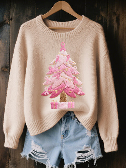 Women's Pink Christmas Tree Embroidered Cozy Knit Sweater