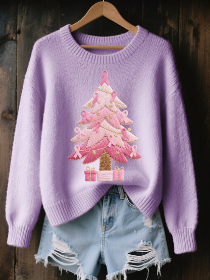 Women's Pink Christmas Tree Embroidered Cozy Knit Sweater