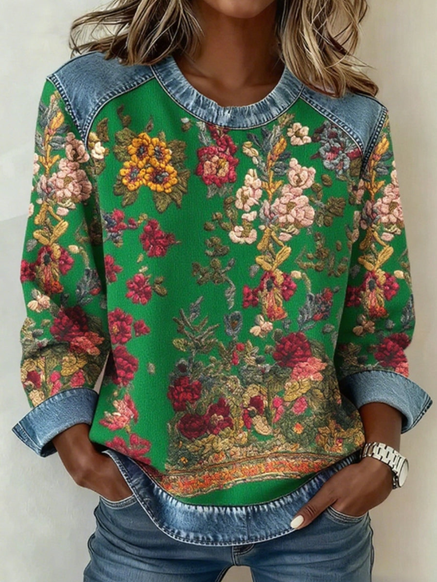 Women's Breast Cancer Awareness Floral 3D Print Denim Sweatshirt