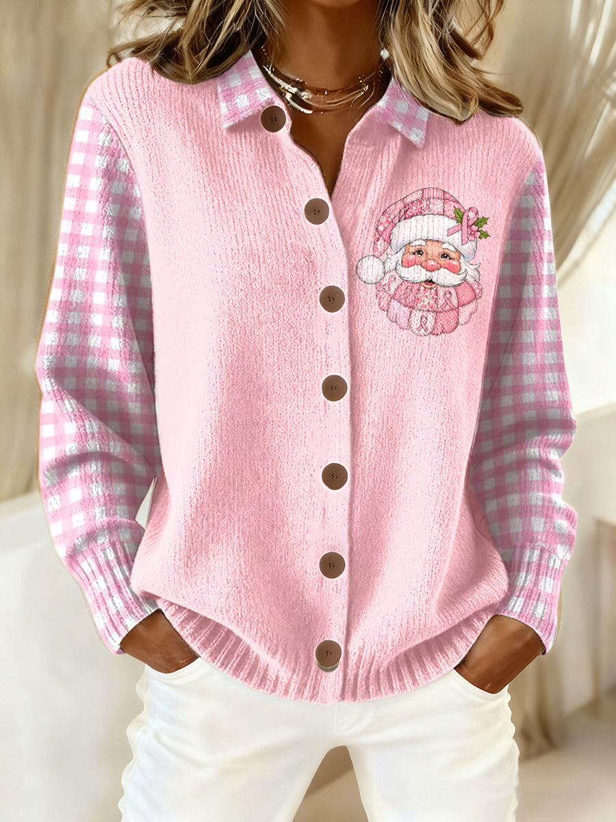 Women's Breast Cancer Awareness Santa Claus Print Cardigan