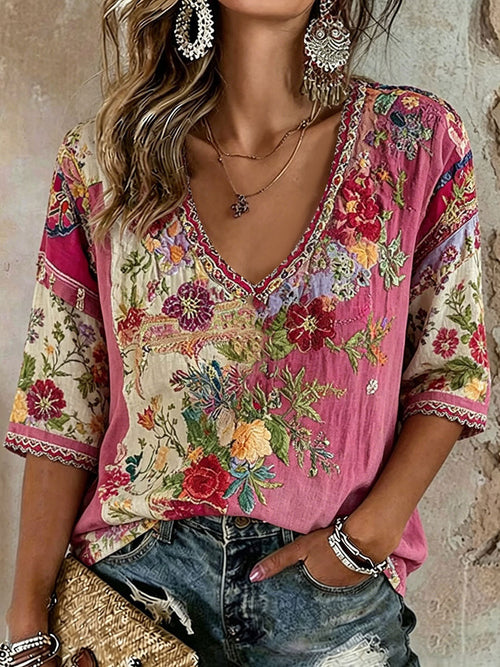 Women's Pink Floral Print Casual T-Shirt