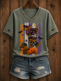 Women's Halloween Striped Dachshund V-neck Off-shoulder Short Sleeve T-shirt