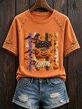 Women's Halloween Striped Dachshund Round Neck Short Sleeve T-shirt